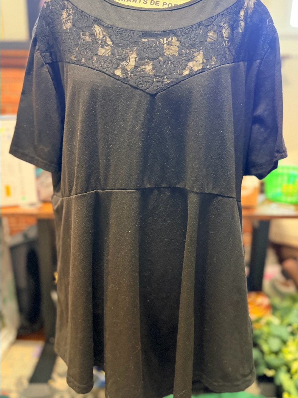 Lace Yoke Short Sleeve Women's Top - Black
